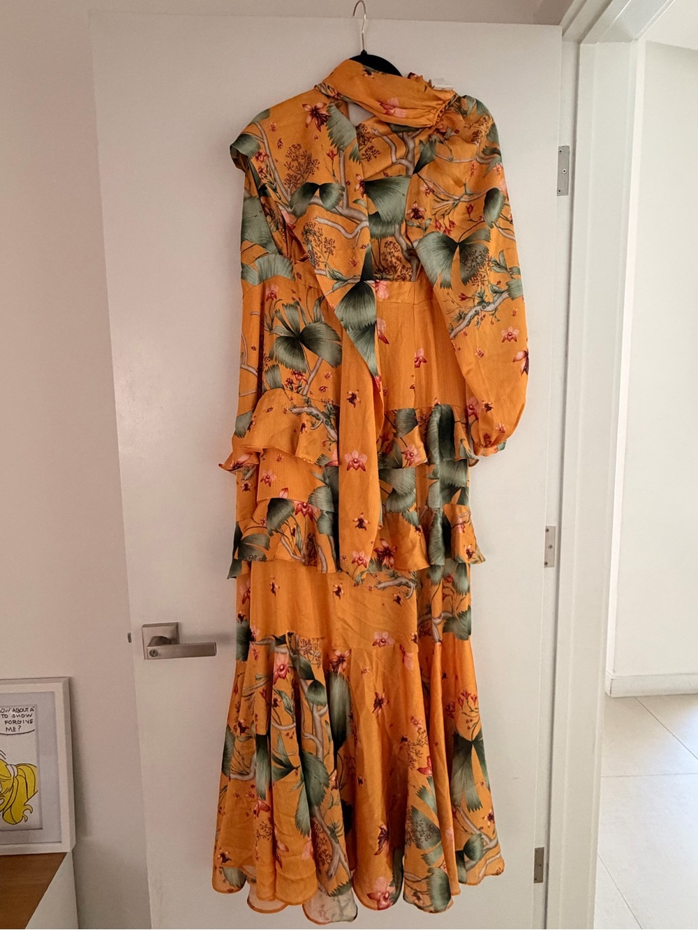Johanna Ortiz Golden Mustard Tropical Ruffle Maxi Dress